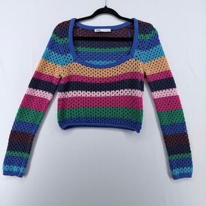 Zara Womens Multi Color Striped Crochet Knit Cropped Sweater Scoop Neck Size M‎